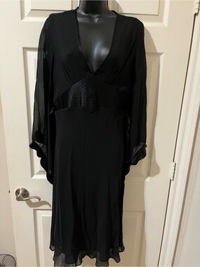 Elegant Black V-Neck Sheer Sleeve Express brand Midi Dress